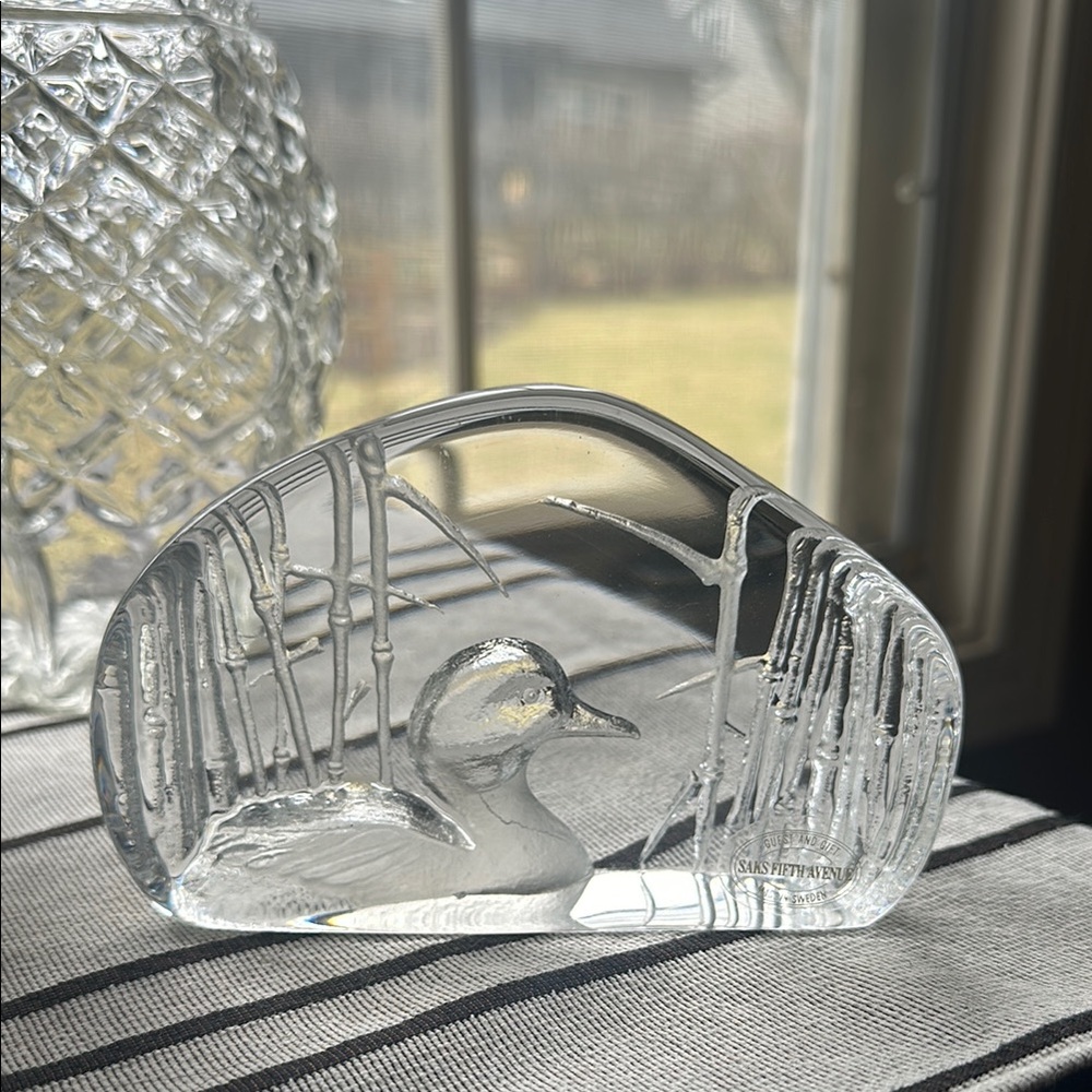 Signed Mats Jonasson for Maleras crystal glass duck Saks Fifth Avenue